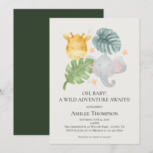 Invitation Neutral Watercolor Jungle Animals Baby Shower (Devant / Derrière)