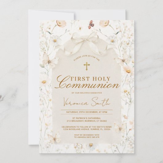 Invitation Neutral Wildflower Ivory First Holy Communion (Devant)