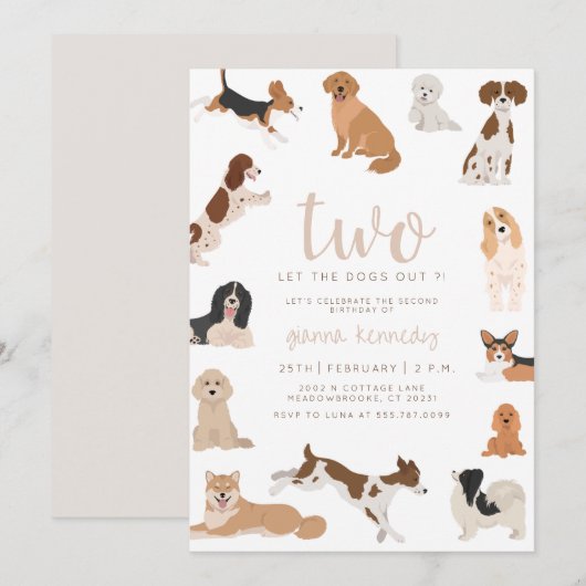 Invitation Neutre 2ème anniversaire deux laissez les chiens s (Devant / Derrière)