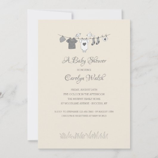 Invitation neutre de baby shower de corde à linge (Devant)
