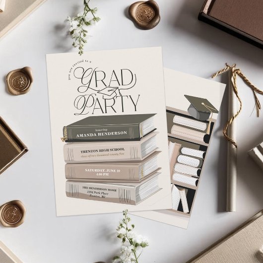 Invitation Neutre et Soft Book Stack Grad Party