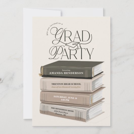 Invitation Neutre et Soft Book Stack Grad Party (Devant)
