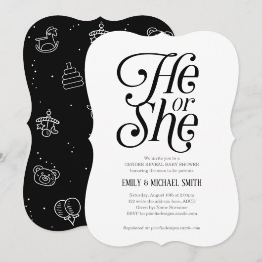 Invitation Neutre, Noir et Blanc, Lui ou Elle, Révélation de  (Devant / Derrière)