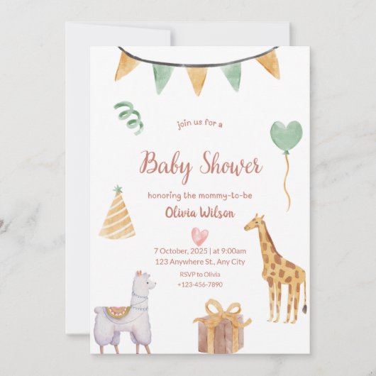 Invitation neutre pour bébé animaux bébé shower (Devant)