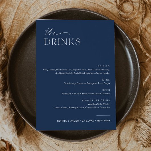 Invitation NEVE Navy Mariage Drink Bar Menu 5x7 Card