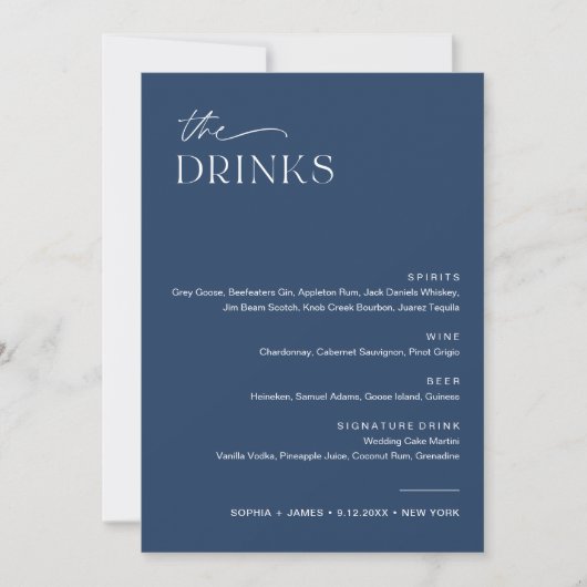 Invitation NEVE Navy Mariage Drink Bar Menu 5x7 Card (Devant)