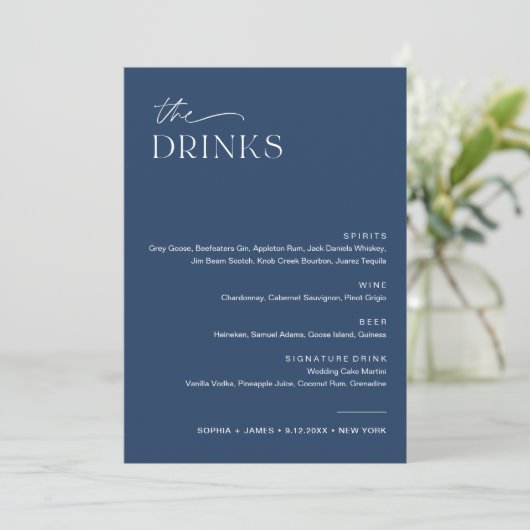 Invitation NEVE Navy Mariage Drink Bar Menu 5x7 Card (Debout devant)