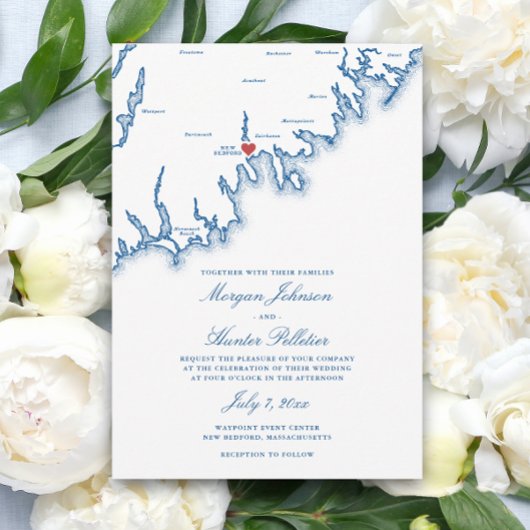 Invitation New Bedford MA Map Elegant Navy Blue Wedding