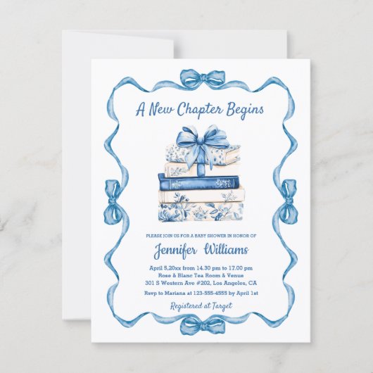 Invitation new chapter begins blue ribbon books baby shower (Devant)
