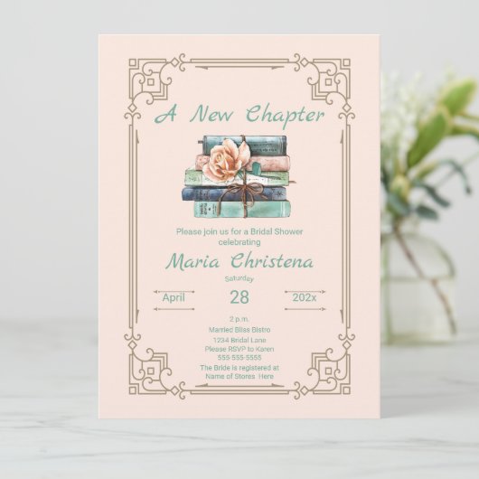Invitation New Chapter Begins Bridal Shower Book Stack Floral (Debout devant)