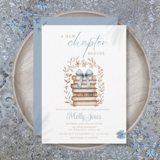 Invitation New Chapter Storybook Blue Bow Baby Shower