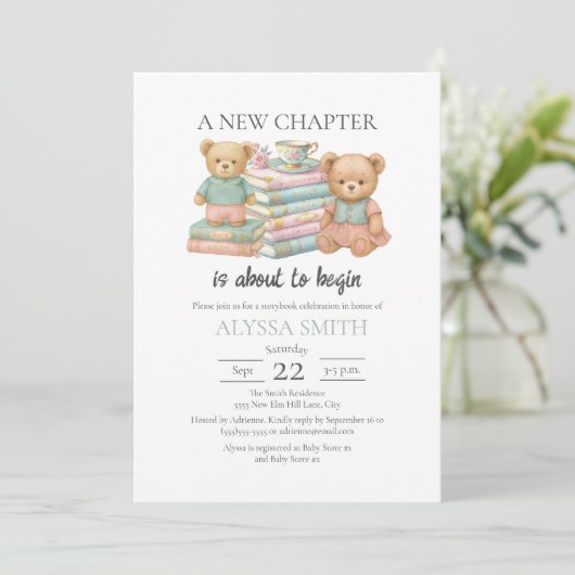 Invitation New Chapter Teddy Bear Storybook Baby Shower (Debout devant)