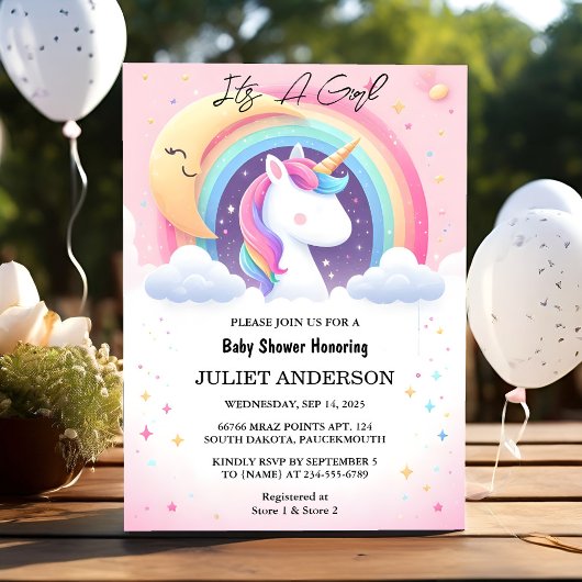 Invitation New Glow Space Royal Pony Unicorn Baby Girl Douche