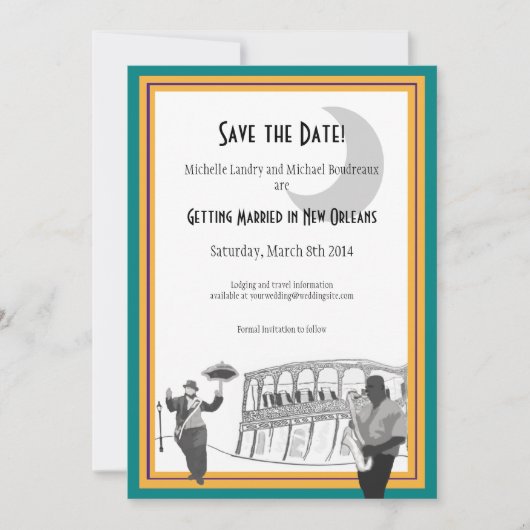Invitation New Orleans Jazz Save the Date (turquoise & or) (Devant)