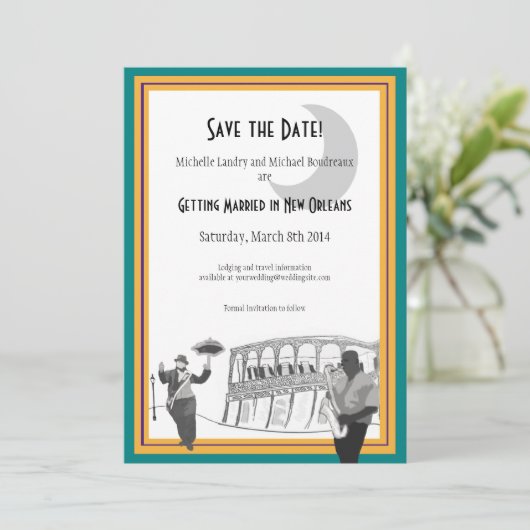 Invitation New Orleans Jazz Save the Date (turquoise & or) (Debout devant)