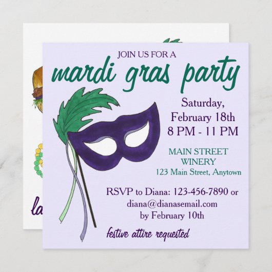 Invitation New Orleans Mardi Gras Masquerade Masque Ball (Devant / Derrière)
