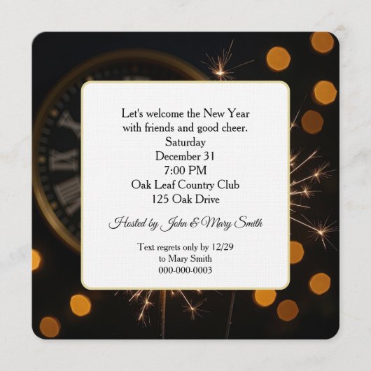 Invitation New Year Eve Sparklers On a Midnight Clock (Devant)