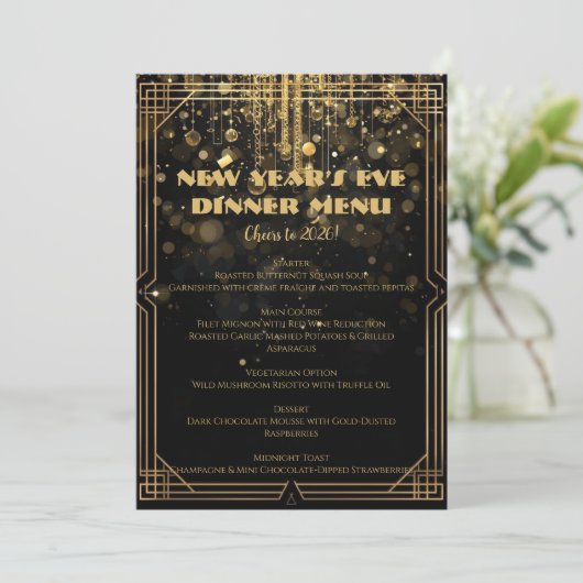 Invitation New Year’s Eve Menu | Elegant Black & Gold Glitter (Debout devant)
