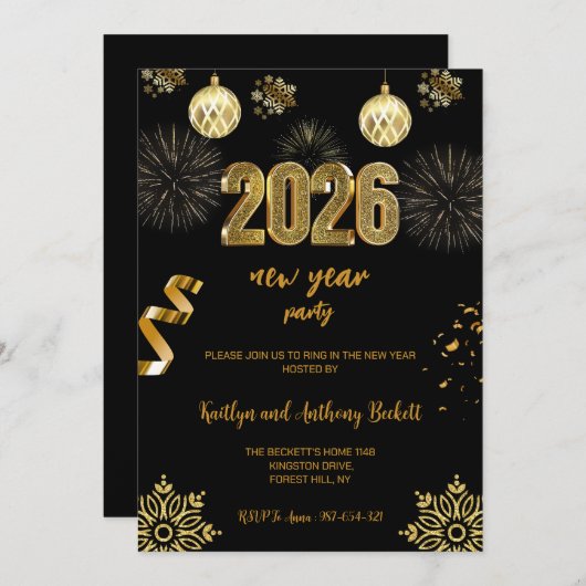 Invitation New Year's Eve Party Black & Gold Balloon Confetti (Devant / Derrière)