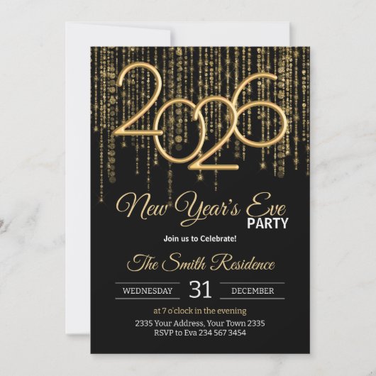 Invitation New Year's Eve Party Black & Gold Confetti (Devant)