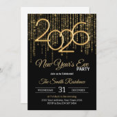 Invitation New Year's Eve Party Black & Gold Confetti (Devant / Derrière)