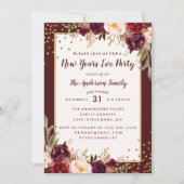 Invitation New Years Eve Party Bourgogne Gold Floral Invitati (Devant)