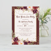 Invitation New Years Eve Party Bourgogne Gold Floral Invitati (Debout devant)