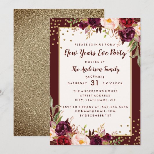 Invitation New Years Eve Party Bourgogne Gold Floral Invitati (Devant / Derrière)