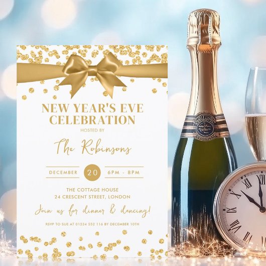 Invitation New Years Eve Party Gold Glitter Confetti & Bow