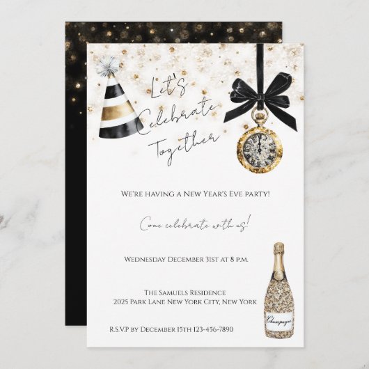 Invitation New Year's Eve Party Gold Glitzy Sparkle  (Devant / Derrière)