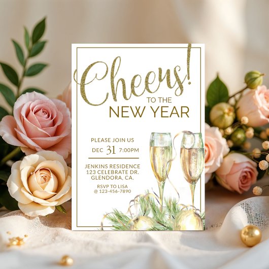 Invitation New Years Party, Cheers, Gold, Elegant 