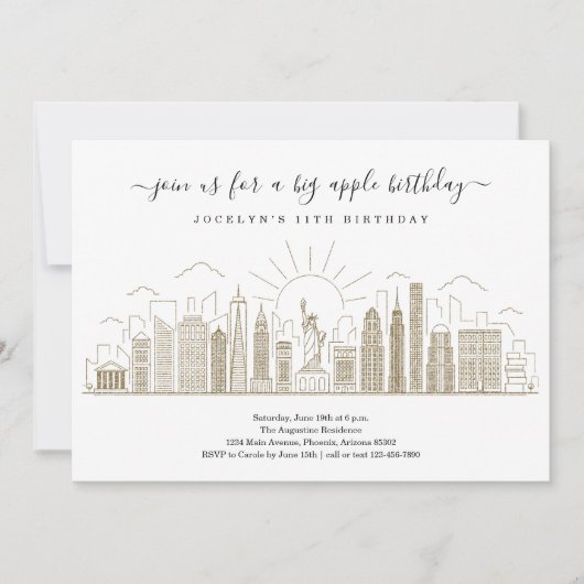 Invitation New York City Big Anniversaire Apple Party Gold (Devant)