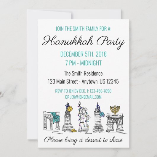 Invitation New York Hanoukka NYC Landmarks Jewish Holiday (Devant)
