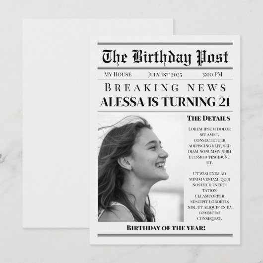 INVITATION NEWSPAPER BIRTHDAY (Devant / Derrière)