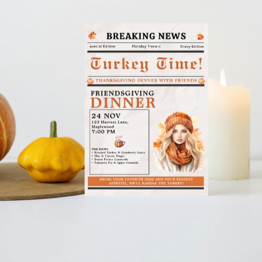 Invitation Newspaper Friendsgiving Dinner Thanksgiving Fall