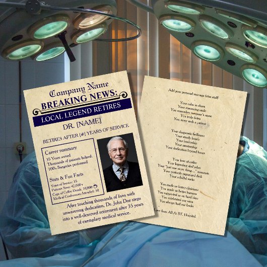 Invitation Newspaper Style Doctor Retirement Card | Custom