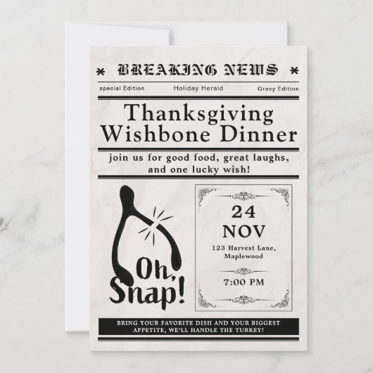 Invitation Newspaper Turkey Wishbone Thanksgiving Fall (Devant)