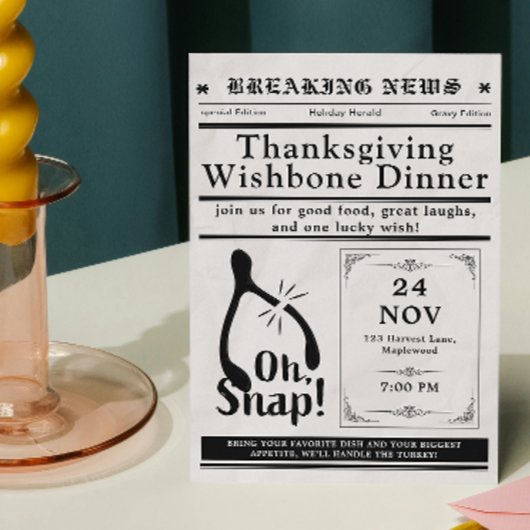 Invitation Newspaper Turkey Wishbone Thanksgiving Fall