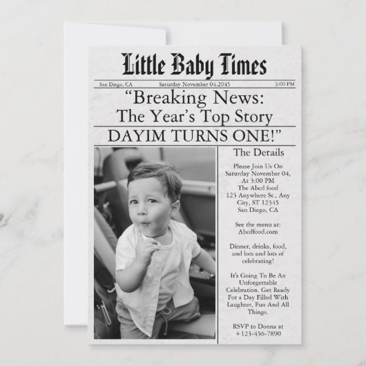 Invitation Newspaper Unique Fun Photo Boy 1st Birthday Party (Devant)