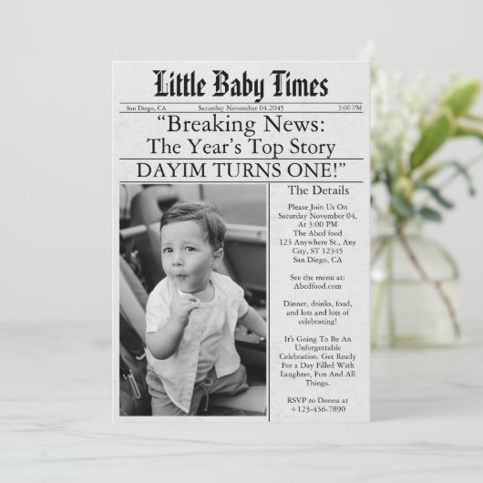 Invitation Newspaper Unique Fun Photo Boy 1st Birthday Party (Debout devant)
