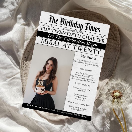 Invitation Newspaper Unique Fun Photo Girl 20th Birthday 