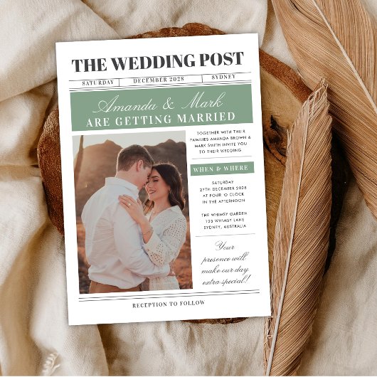 Invitation Newspaper Wedding Unique Fun Black and white