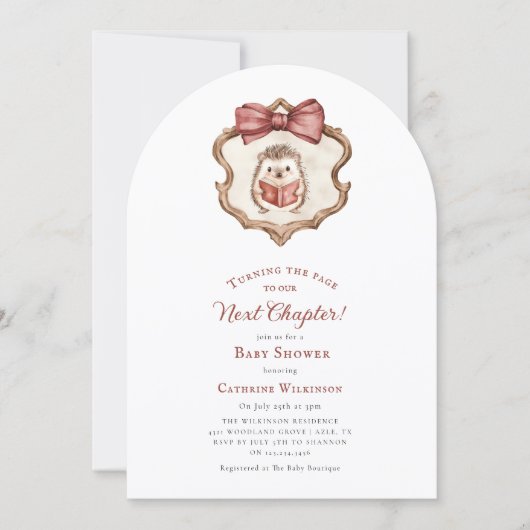 Invitation Next Chapter Watercolor Hedgehog Reading Book  (Devant)