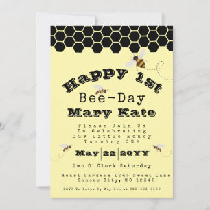 Invitation Nid d'abeille jaune et noir 1er anniversaire abeil