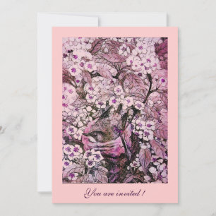 INVITATION NID D'OISEAU, ARBRE AUX FLEURS BLANCHES ROUGES ET 