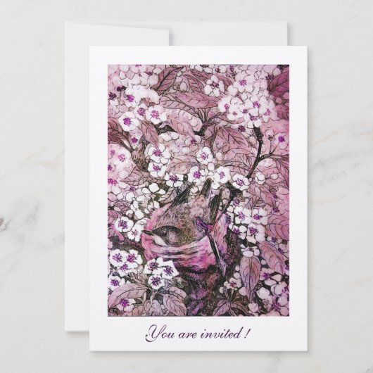 INVITATION NID D'OISEAU, ARBRE AUX FLEURS BLANCHES ROUGES ET (Devant)