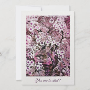 INVITATION NID D'OISEAU, ARBRE AUX FLEURS BLANCHES ROUGES ROS