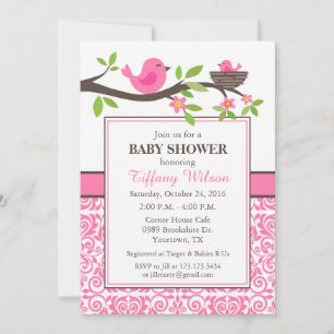 Invitation Nid d'oiseaux Baby Shower en rose