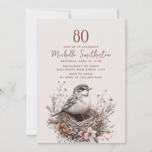 Invitation Nid d'oiseaux Terracotta rose 80e anniversaire (Devant)