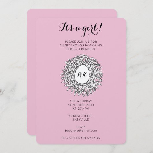 Invitation Nid mignon Monogramme bébé Baby shower fille (Devant / Derrière)